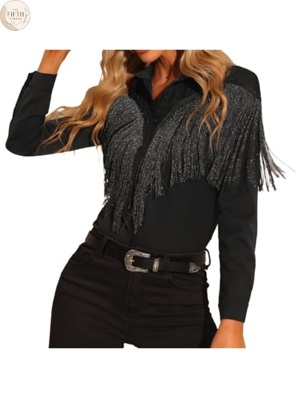 Western Fringe Trim Button Down Blouse Cowgirl Shirt